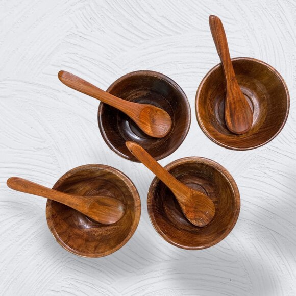 Sheesham Hand-Crafted Wooden Bowls Matching Spoons Set Of 4 With Floral Inlay De - Picture 2 of 16